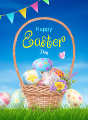 Happy Easter Day colorful egg in basket on grass and beautiful blue sky background with copy space