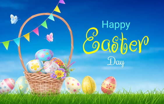 Happy Easter Day colorful egg in basket on grass and beautiful blue sky background with copy space
