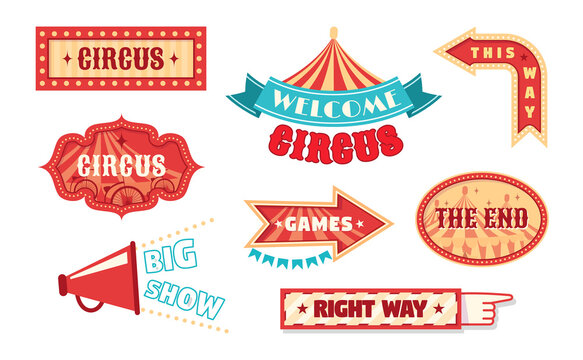Circus vintage labels pointer and signboards. Logotype template for carnival, event banner emblems for entertainment.