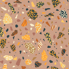 Vector Terrazzo Wild Animal seamless pattern mix. Abstract stone with leopard texture, tiger, zebra prints. Geometric spots textured brown background for interior design, fabric, wrapping