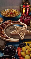 Ramadan kareem with dates, nuts and sweets arranged in shape of islamic crescent moon and star. Iftar food concept, holiday table