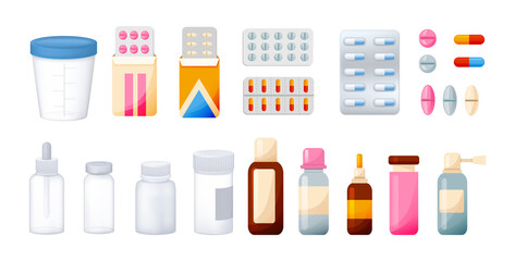 Pharmacy pharmaceutical set of empty, transparent 3D packaging for medicines.