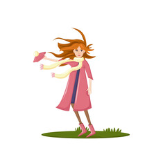 Natural disasters, severe weather conditions hurricane, rain. Woman with hat in her hands is blown away by strong wind