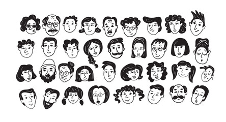 Set of people faces hand drawn in doodle style.Black lines and silhuette.Social network concept.Vector illustration.