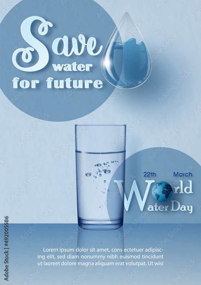 Wall mural Glass of water with wording of world water day in paper cut style and glass droplet, example texts on blue background. Poster's campaign of world water day in vector design.