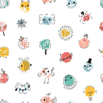 Seamless Pattern of Fingerprint Art Ideas for Kids. Colorful Paint Drawing Childish background. Doodle Various items and animals. Vector illustration