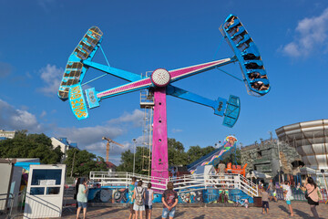 Attraction Space gun in the Avangard amusement park on Lenin Avenue in the resort city of Evpatoria, Crimea