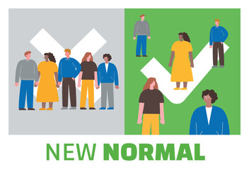 The social distancing between people flat vector illustration