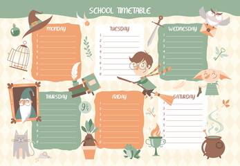 School timetable with cartoon magical and witchcraft elements and characters 