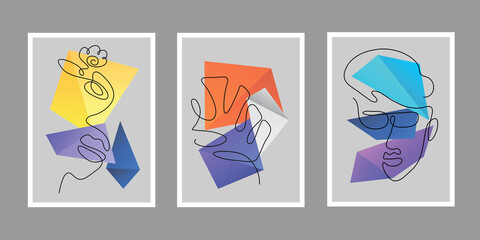 Set of triangle objects. One line face, boat, heart shapes. Illustrations for placards, banners, picture, cards.