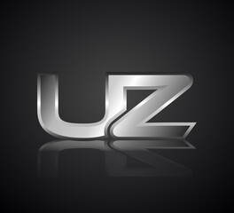 Modern Initial logo 2 letters Silver Metal Chrome simple in Dark Background with Shadow Reflection UZ