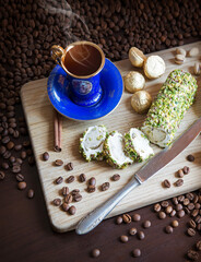 Sweets on the background of coffee on the table