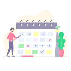 Businessman planning events on calendar, flat vector illustration