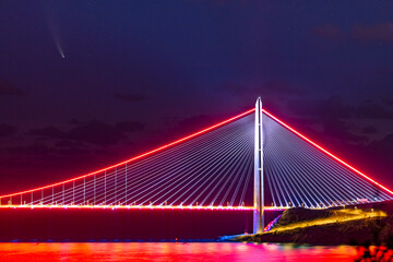 Fototapeta na wymiar Istanbul yavuz sultan selim bridge during sundown and neowise tailed star that appears in the sky