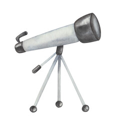 Watercolor illustration of hand painted telescope in grey, black colors. Device to observe space, stars, planet. Isolated clip art element for astronomy banner. International Day of Human Space Flight