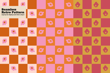 Flowers Seamless hippie pattern on Checkerboard background