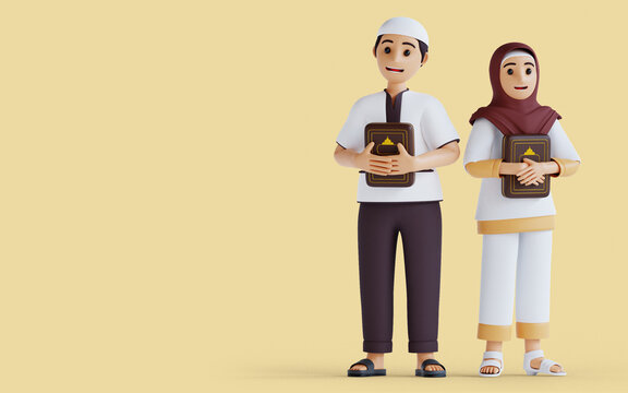 3d render 3d rendering The routine of Muslims boy and girl reading the Quran in the holy month of Ramadan