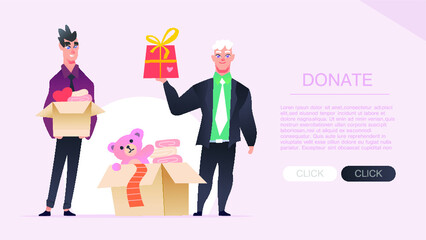 People donating for charity. Character cartoon donate. Volunteers collecting toys, food and money, clothes.Concept banner, financial support, landing page.
