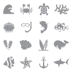 Ocean Icons. Gray Flat Design. Vector Illustration.