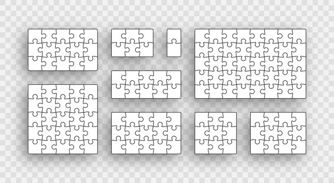Puzzle pieces set. Jigsaw outline grid. Scheme of thinking game. Modern background with separate shapes. Simple frame tiles. Laser cutting template. Mosaic silhouette. Vector illustration.
