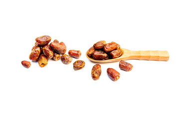 Bunch of dates in the container  close up.Pile of tasty dry dates isolated on white background. Arabic food