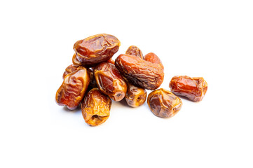 Bunch of dates close up.Pile of tasty dry dates isolated on white background. Arabic food