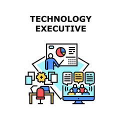Technology Executive Vector Icon Concept. Technology Executive Presenting Financial Report Chart For Investor In Presentation Room And Online. Video Call With Audience Color Illustration