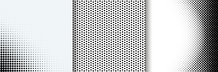 Halftone dotted patterns. Pop art gradient background with circles. Comic half tone radial texture. Optical spotted effect. Abstract design. Set of black white banners. Monochrome vector illustration