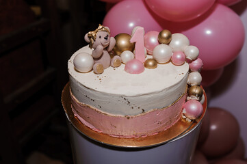 Beautiful children's cake, children's birthday cake, cake close-up and blurred background