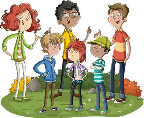 Happy cartoon people in the park. Parents and children talking.
