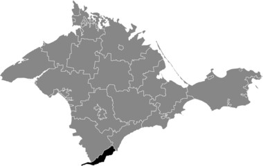 Black flat blank highlighted location map of the YALTA MUNICIPALITY inside gray administrative map of raions and city municipalities of the Autonomous Republic of Crimea, Ukraine