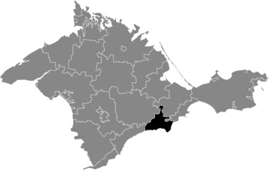 Black flat blank highlighted location map of the SUDAK MUNICIPALITY inside gray administrative map of raions and city municipalities of the Autonomous Republic of Crimea, Ukraine