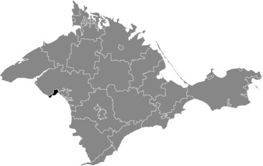 Fototapeta premium Black flat blank highlighted location map of the YEVPATORIA MUNICIPALITY inside gray administrative map of raions and city municipalities of the Autonomous Republic of Crimea, Ukraine