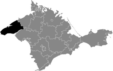 Black flat blank highlighted location map of the CHORNOMORSKE RAION inside gray administrative map of raions and city municipalities of the Autonomous Republic of Crimea, Ukraine