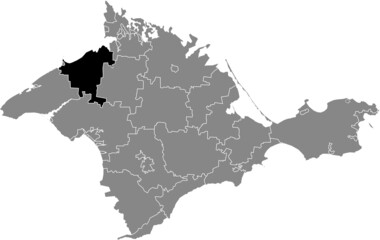Black flat blank highlighted location map of the ROZDOLNE RAION inside gray administrative map of raions and city municipalities of the Autonomous Republic of Crimea, Ukraine