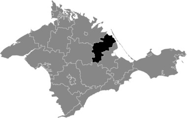 Black flat blank highlighted location map of the NYZHNIOHIRSKYI RAION inside gray administrative map of raions and city municipalities of the Autonomous Republic of Crimea, Ukraine
