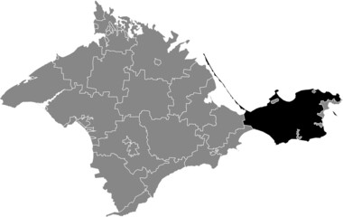 Black flat blank highlighted location map of the LENINE RAION inside gray administrative map of raions and city municipalities of the Autonomous Republic of Crimea, Ukraine