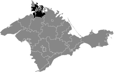 Black flat blank highlighted location map of the KRASNOPEREKOPSK RAION inside gray administrative map of raions and city municipalities of the Autonomous Republic of Crimea, Ukraine