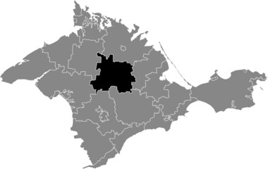 Black flat blank highlighted location map of the KRASNOHVARDIISKE RAION inside gray administrative map of raions and city municipalities of the Autonomous Republic of Crimea, Ukraine