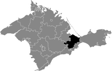 Black flat blank highlighted location map of the KIROVSKE RAION inside gray administrative map of raions and city municipalities of the Autonomous Republic of Crimea, Ukraine