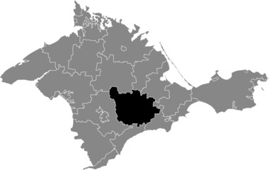 Black flat blank highlighted location map of the BILOHIRSK RAION inside gray administrative map of raions and city municipalities of the Autonomous Republic of Crimea, Ukraine