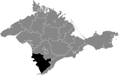 Black flat blank highlighted location map of the BAKHCHYSARAI RAION inside gray administrative map of raions and city municipalities of the Autonomous Republic of Crimea, Ukraine