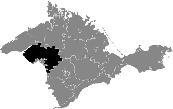 Black flat blank highlighted location map of the SAKY RAION inside gray administrative map of raions and city municipalities of the Autonomous Republic of Crimea, Ukraine