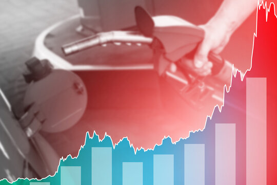 Hand with fuel nozzle and rising chart showing gasoline price increase during energy crisis
