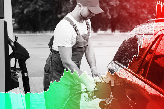 Filling station attendant and rising chart showing gasoline price increase during energy crisis
