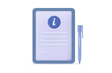 Information sheet, document icon 3d. User guide, manual or instruction with pen. Paper checklist, informational data, answers to questions. Guide page with search results. Vector illustration.