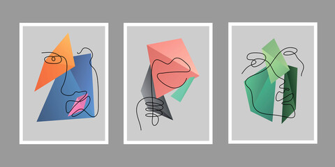 Set of triangle objects. One line face, boat, heart shapes. Illustrations for placards, banners, picture, cards.