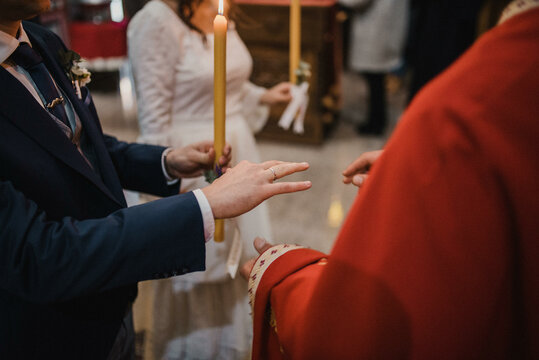 The bride and groom during the wedding ceremony. Church wedding.