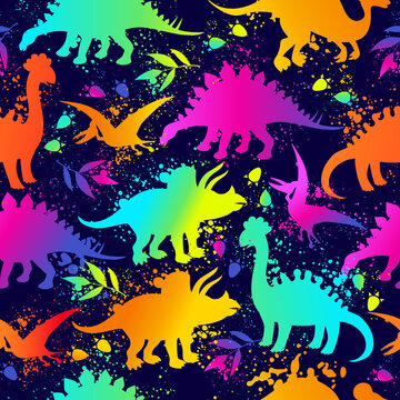 Seamless neon pattern with funny dinosaurs and paint splashes in vector. Bright children's background for textiles and fabrics. Texture with animals of the Jurassic period. Template for design.