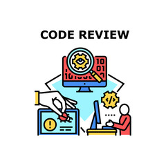 Code Review Vector Icon Concept. Quality Assurance Engineer Code Review. Software Tester Checking Code, Searching Bug And Website Work Process. Worker Researchment Color Illustration